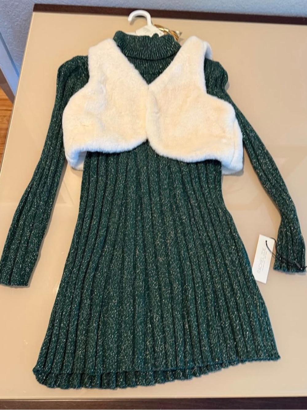 Rachel Zoe Emerald Green Ribbed Knit Dress with Ivory Faux Fur Vest